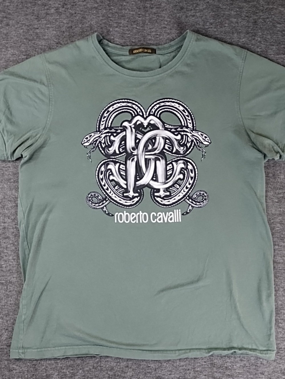 Roberto Cavalli Sage Green Short-Sleeve Logo Tee - M/L See Measurements
